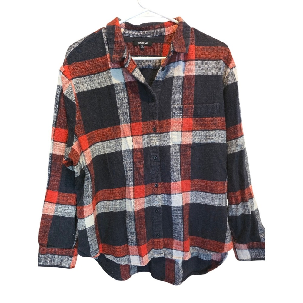 Madewell Button Front Shirt XL Womens Plaid Long Sleeve Blue Orange Pocket Cozy